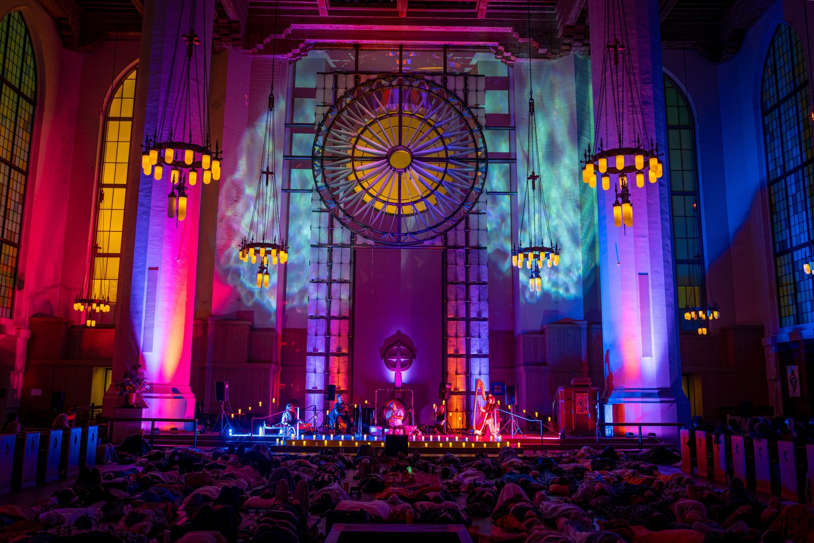 A Sound Healing Symphony in Seattle, with a great round window lit in color