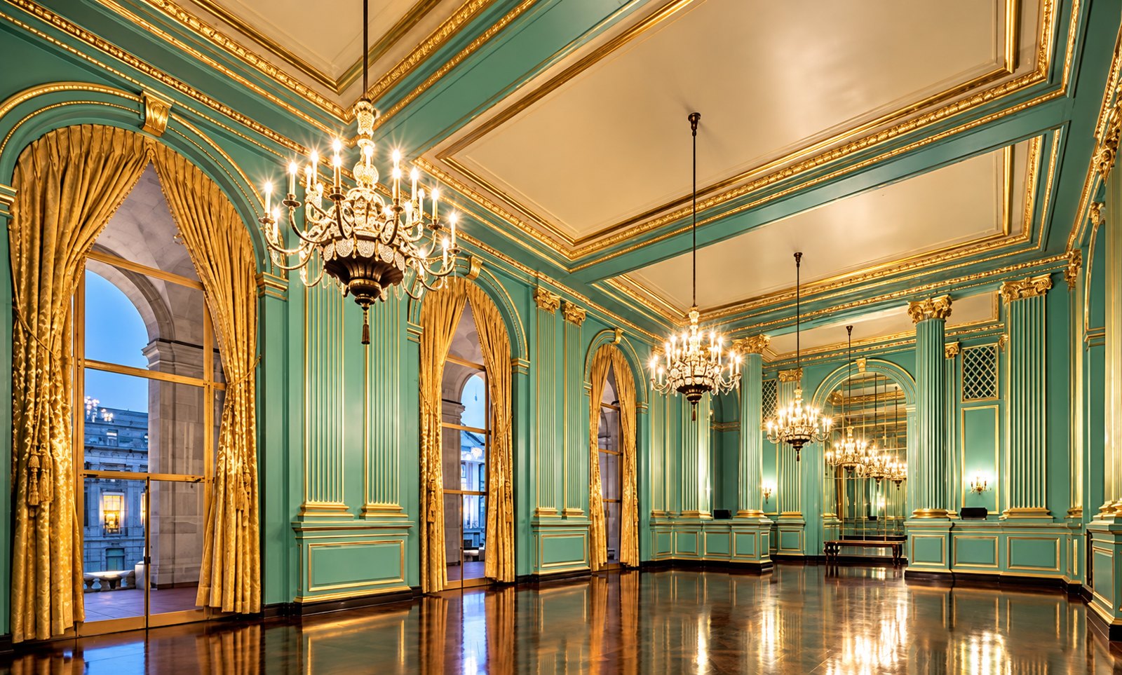 The Green Room: tall arched windows with gold curtains, chandeliers and polished wood floors