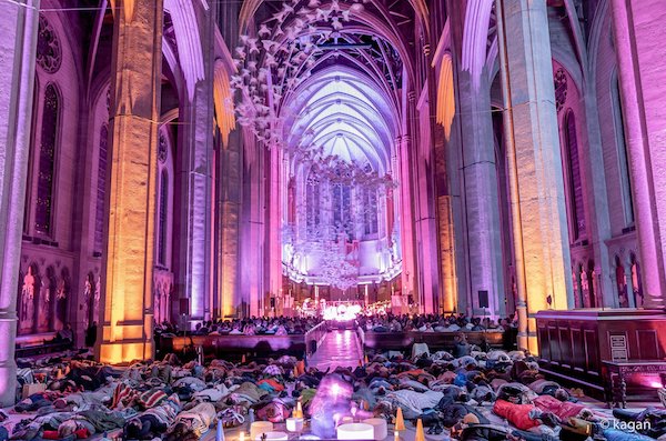 An immersive sound bath gathering in a beautiful space